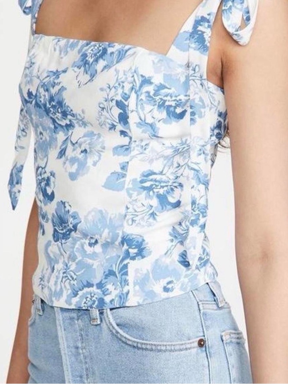 Reformation Ellora Top Blue and White Floral Tie-Strap